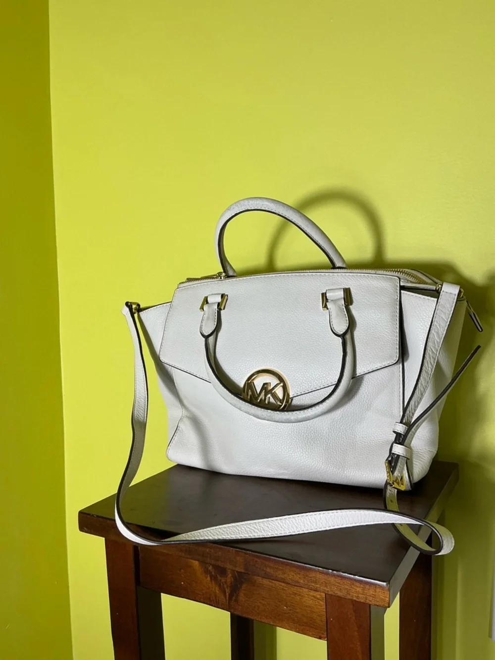 Michael Kors White Leather Satchel with Gold MK Medallion